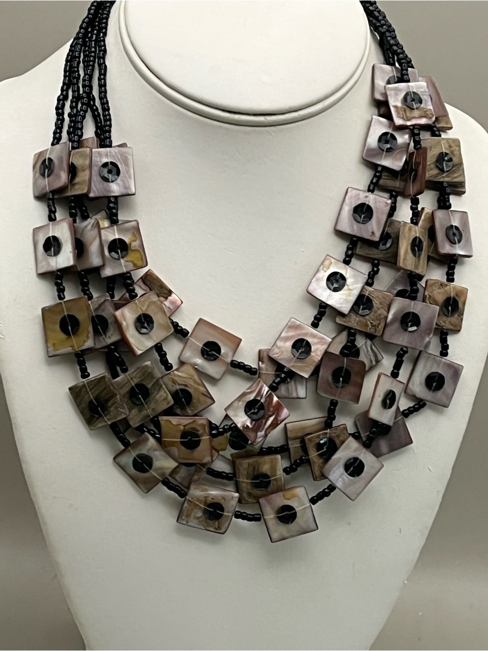 Multi Strand Black Seed Bead Bib Necklace Brown Gray Mother of Pearl Shell Squar